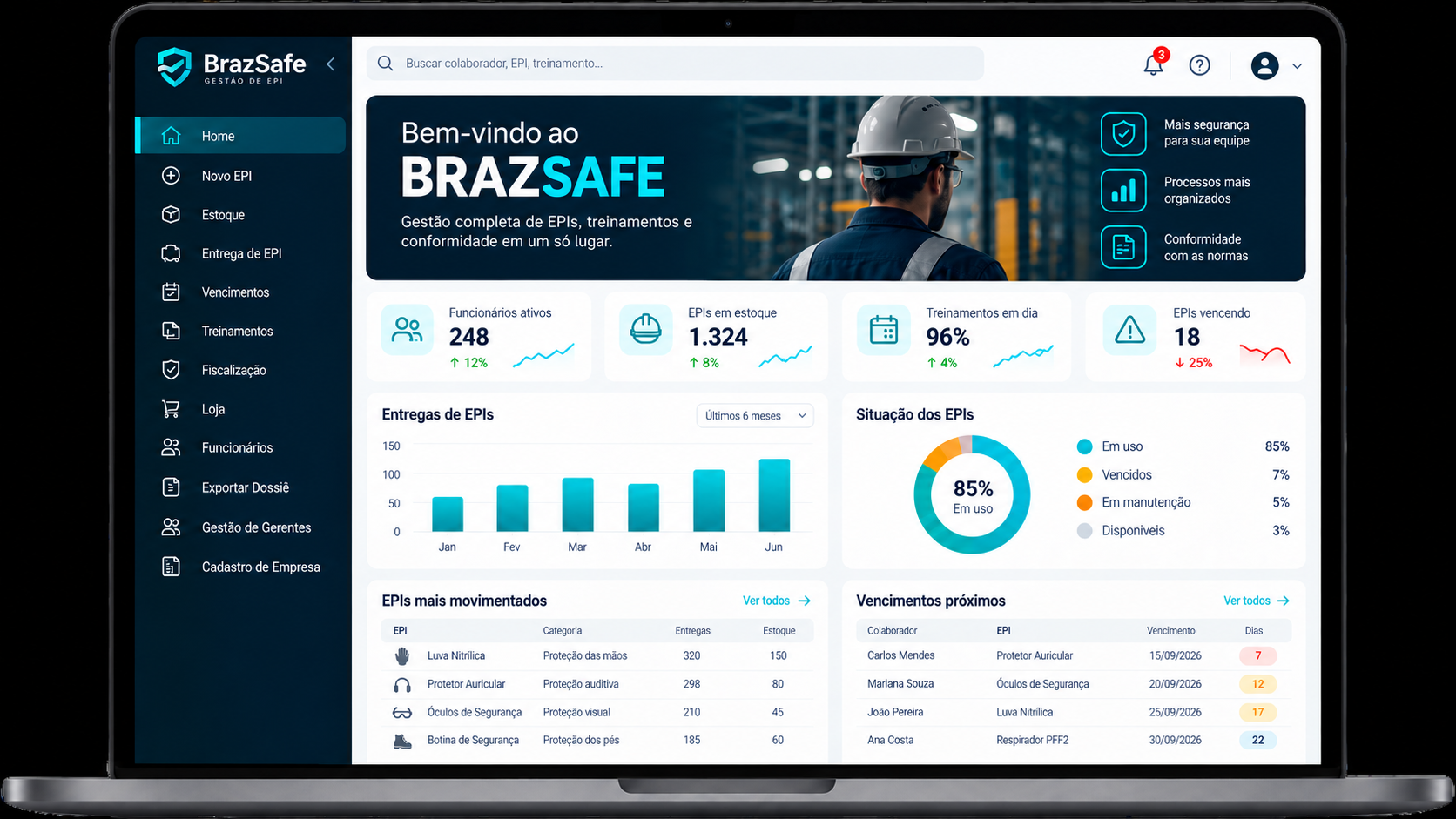 Ilustração de um notebook com interface esquemática da BrazSafe, sem dados reais
